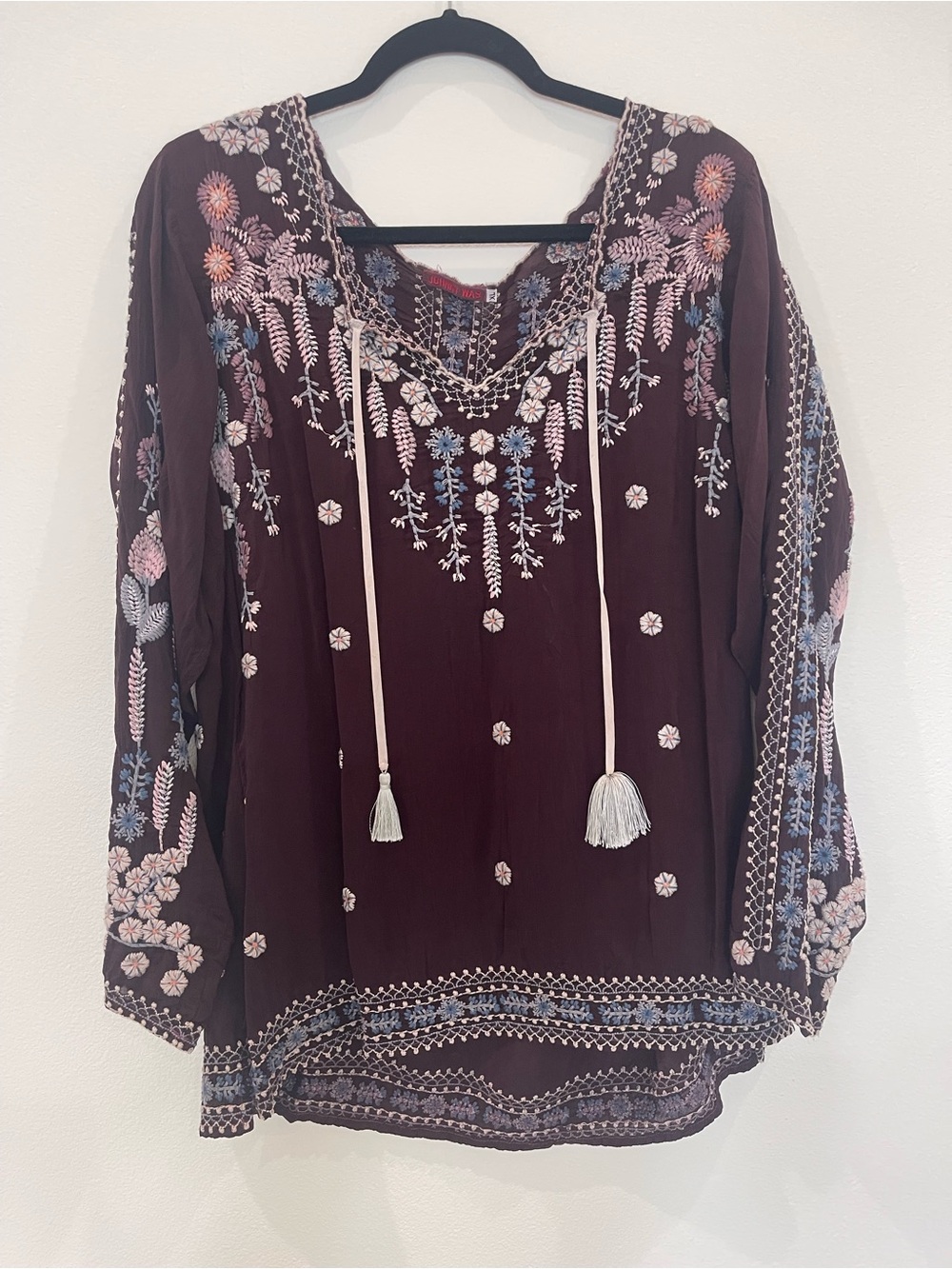 Johnny Was Plum Embroidered Peasant Tunic with Pink & Blue Accents
